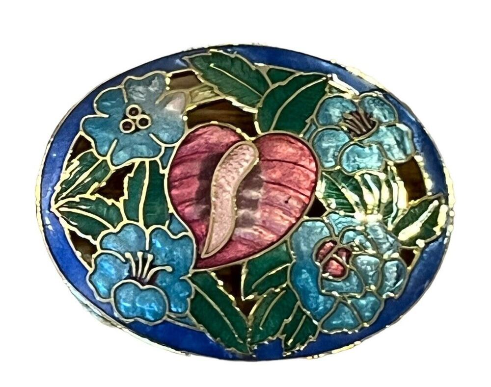 Vtg Gold Tone Cloisonne Tropical Arthurium Flowers Floral Brooch Pin 2” Filigree